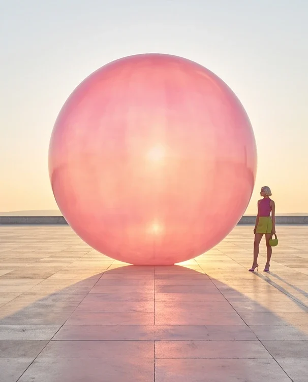 A giant pink bubble on a beach at sunset.