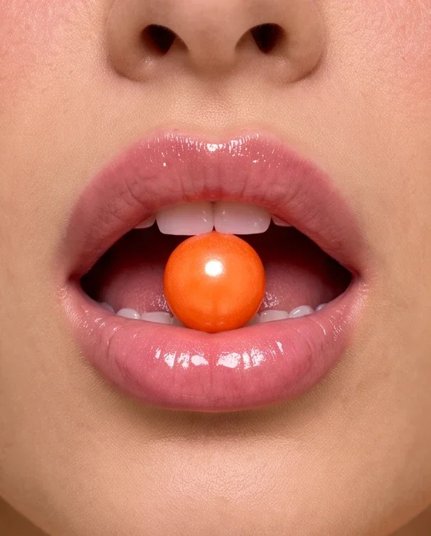 A close-up of lips holding one piece of the gum.