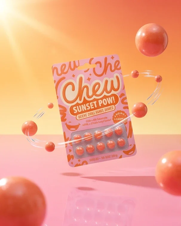 The packet floating in an orange sky, gum orbiting it.