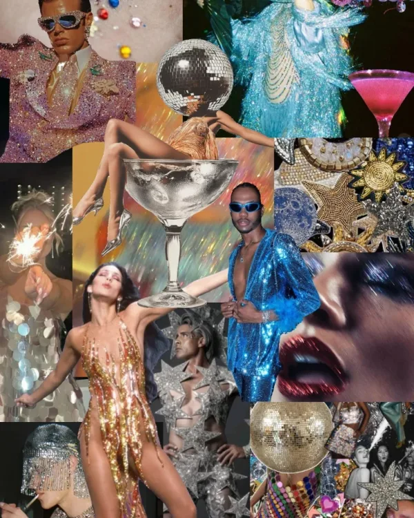 The shoot's moodboard, a collage of disco nights, mirror balls and glitter.