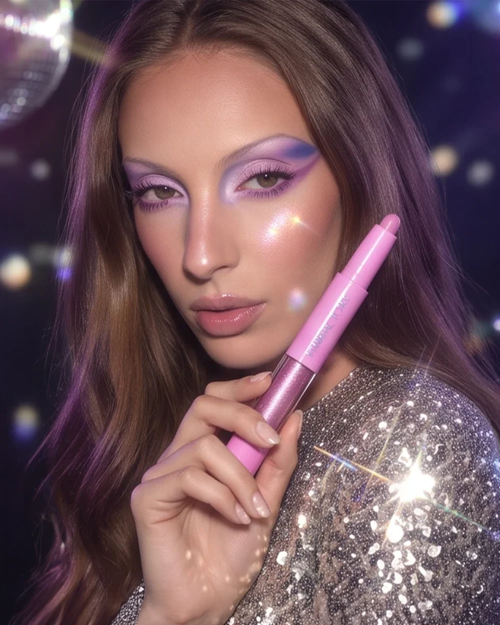 A picture from the Nuit disco shoot, the model in a sequin top holding the crayon against her cheek, in front of mirror balls.