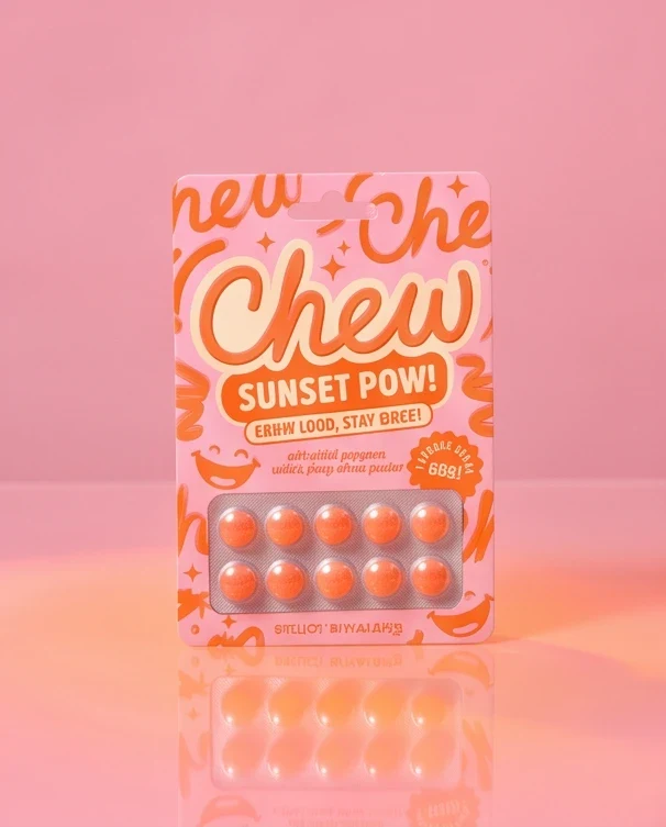 The same packet standing on a pink floor that reflects it.