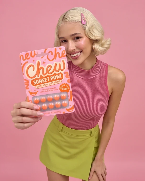 The model smiling, holding the packet out, on pink.